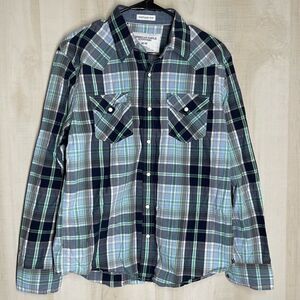 American Eagle vintage blue plaid western style shirt, pearl snaps,‎ size medium